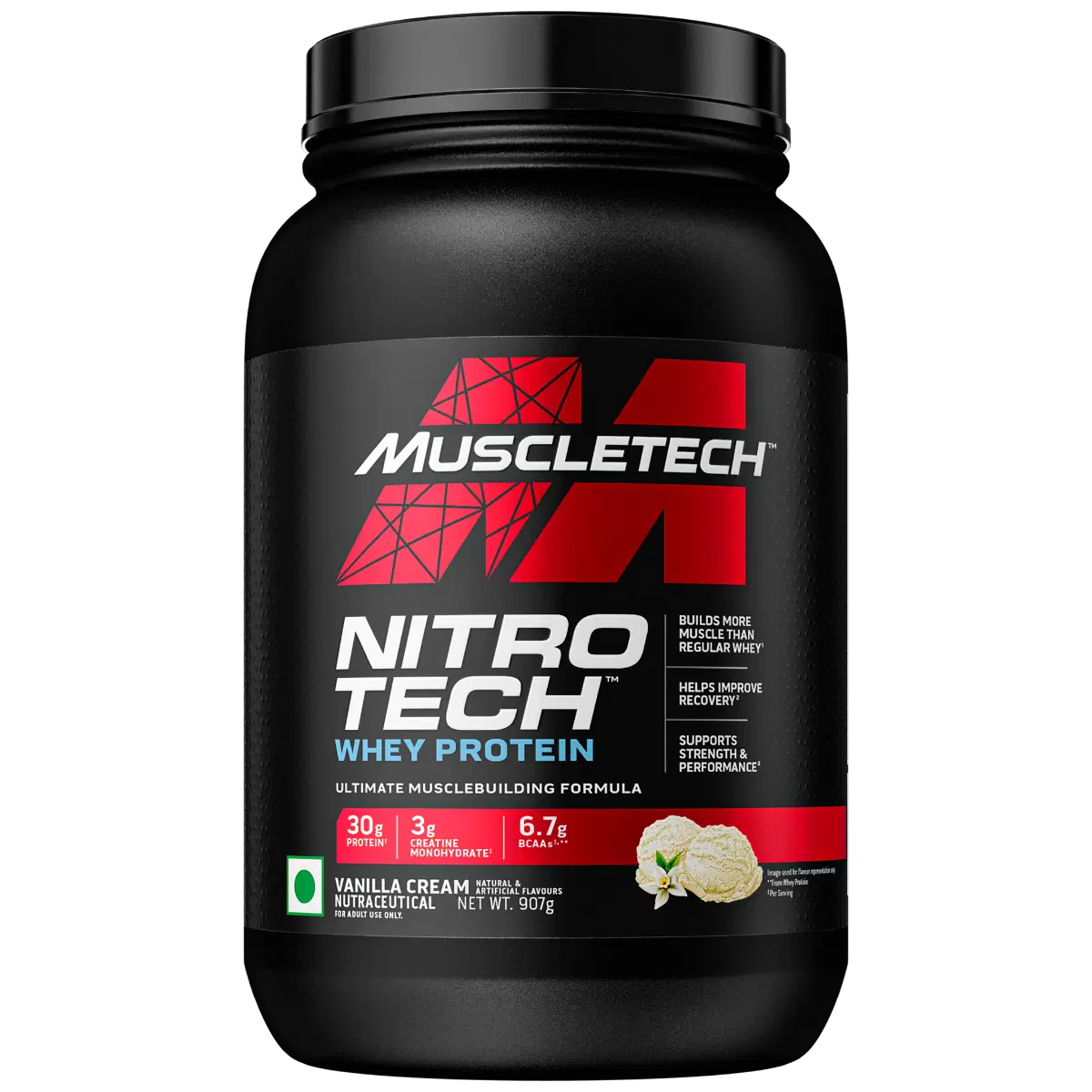 MuscleTech Nitrotech Whey Protein 907g | 20 Serving | 30g Protein | Vanilla Cream Flavour | Muscle | Recovery | Strength